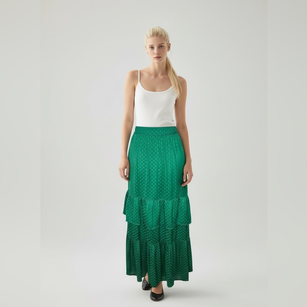 VILA Kelly Green polka dots Tiered silky feel Maxi Skirt peasant prairie style S